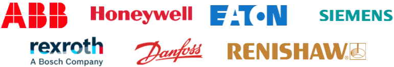 Logos of top MRO manufacturers featured by ASC Global: ABB, Honeywell, Eaton, Siemens, Danfoss, Renishaw and Rexroth