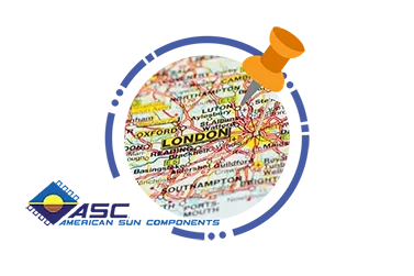 Icon representing the establishment of ASC American Sun Components, LTD in London, UK, symbolizing its presence and operations in the region.