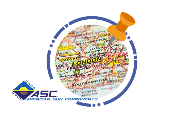 ASC American Sun Components LTD is established in London, UK. London map with old ASC logo.