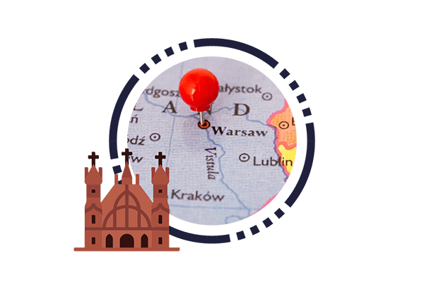 ASC Global Polska is established in Warsaw, Poland. Map of Poland with historic icon of church in Warsaw. 