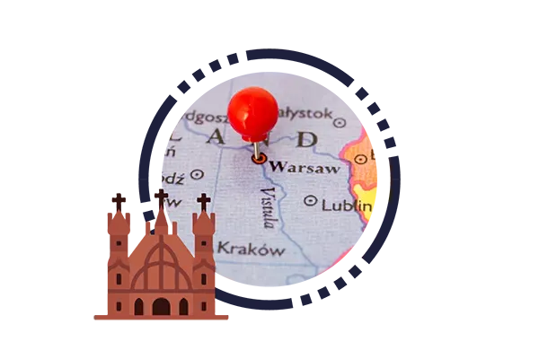 Icon representing the establishment of ASC Global Polska in Warsaw, Poland, symbolizing its presence and operations in the region.