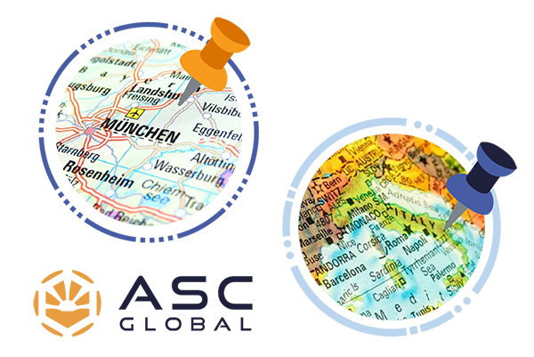 ASC Global GmbH is established in Munich, Germany.<br />
ASC Global Italy is established in Italy. Maps of respective locations with new ASC Global logo.