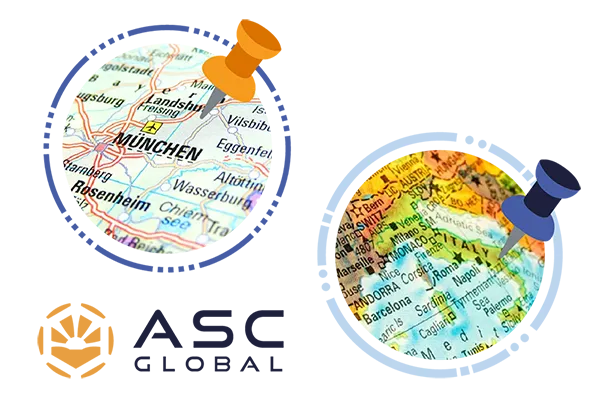 Icon representing the establishment of ASC Global GmbH in Munich, Germany, and ASC Global Italy in Italy, symbolizing its presence and operations in the regions