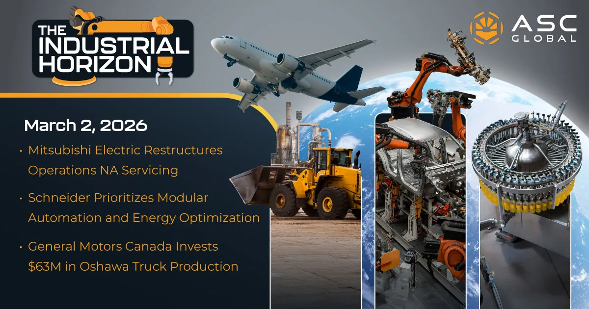 Banner for ASC Global’s Industrial Horizon debut report featuring a modern industrial montage: a commercial airplane symbolizing aerospace MRO, a large-scale mining operation with heavy equipment, a robotic assembly arm in an automated factory line, and an industrial bottling machine in a high-speed production environment. The visuals convey advanced manufacturing, automation, energy, and heavy industry sectors aligned with B2B and MRO markets.