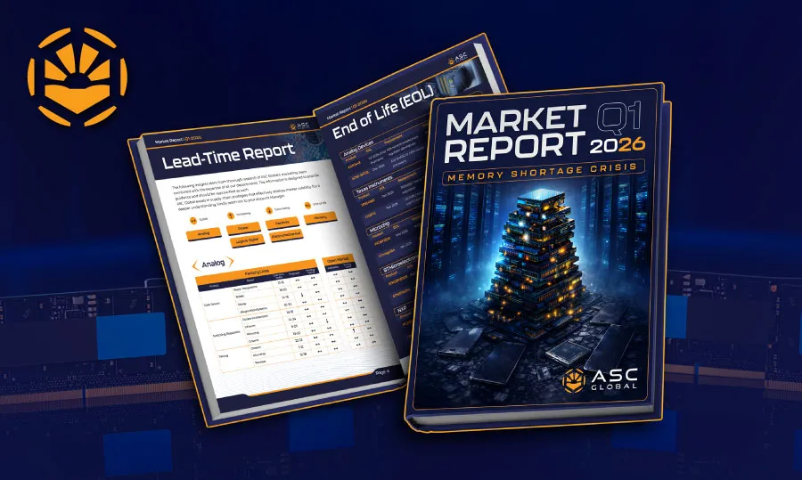 Banner for ASC Global’s Q1 2026 Electronics Market Report highlighting memory and logic supply shifts: SK Hynix prioritizing HBM for AI, Samsung reallocating wafer capacity to premium HBM and DDR5, Micron selling out AI-optimized memory, and Intel advancing Meteor Lake and Nova Lake while managing legacy CPU node constraints.