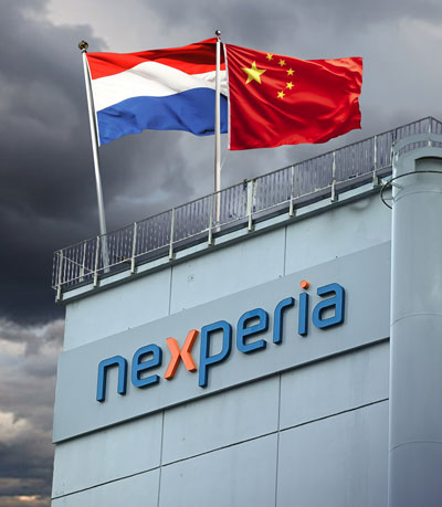 A promotional banner for a story about the Nexperia and Wingtech ownership dispute, featuring an image of a Nexperia corporate building topped by superimposed Dutch and Chinese flags.