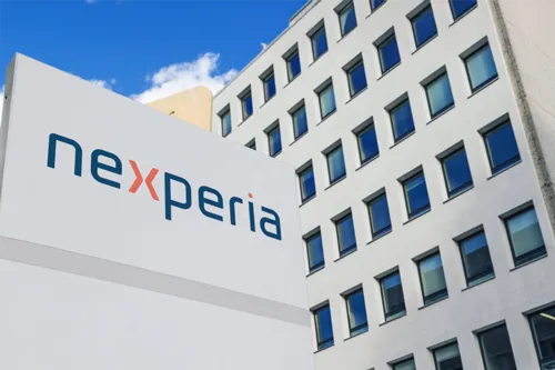 A banner illustrating the theme of component control and security, featuring a clear photograph of the Nexperia logo sign positioned outside one of its modern office buildings.