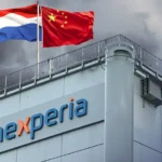 A promotional banner for a story about the Nexperia and Wingtech ownership dispute, featuring an image of a Nexperia corporate building topped by superimposed Dutch and Chinese flags.