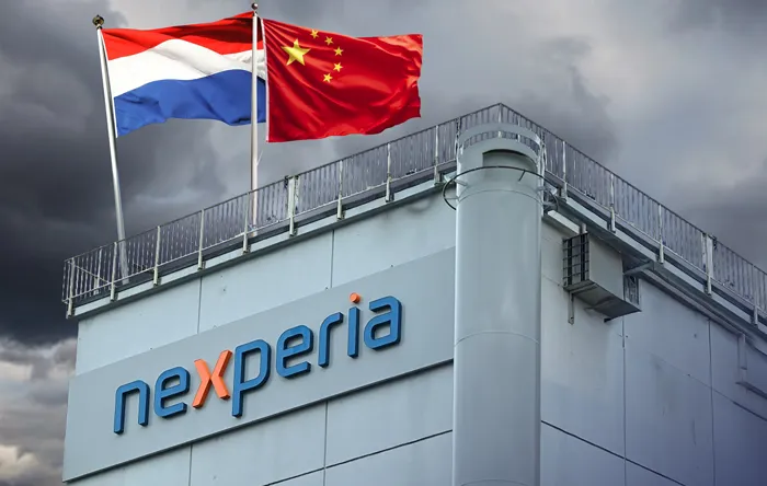A promotional banner for a story about the Nexperia and Wingtech ownership dispute, featuring an image of a Nexperia corporate building topped by superimposed Dutch and Chinese flags.