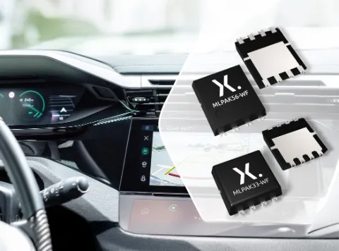 Close-up banner image illustrating the use of Nexperia components, displayed as small electronic parts resting on the surface of an automotive dashboard.