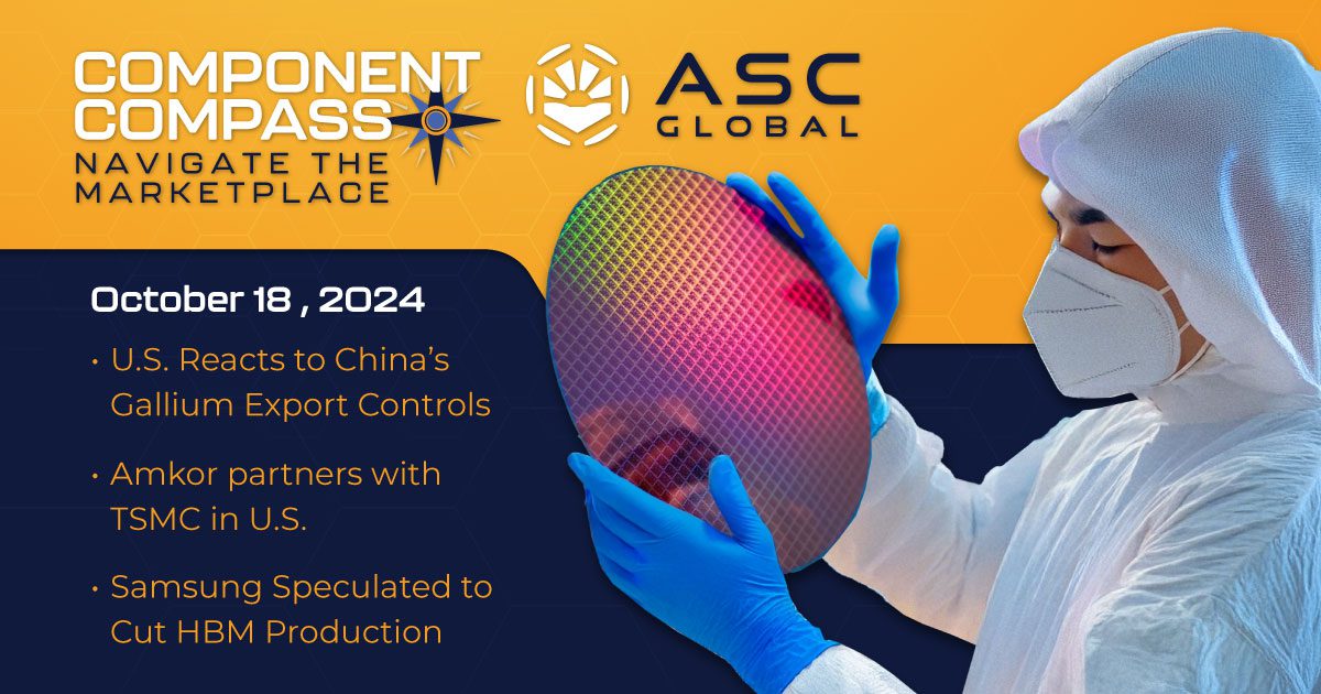 Component Compass report covering key industry news, including the U.S. response to China's Gallium export controls, Amkor's partnership with TSMC in the U.S., Samsung's rumored HBM production cuts, declining silicon carbide (SiC) substrate prices in China, Intel's move to TSMC for chip production, and China's growing DRAM capacity projected to reach 11% of global supply by 2024.