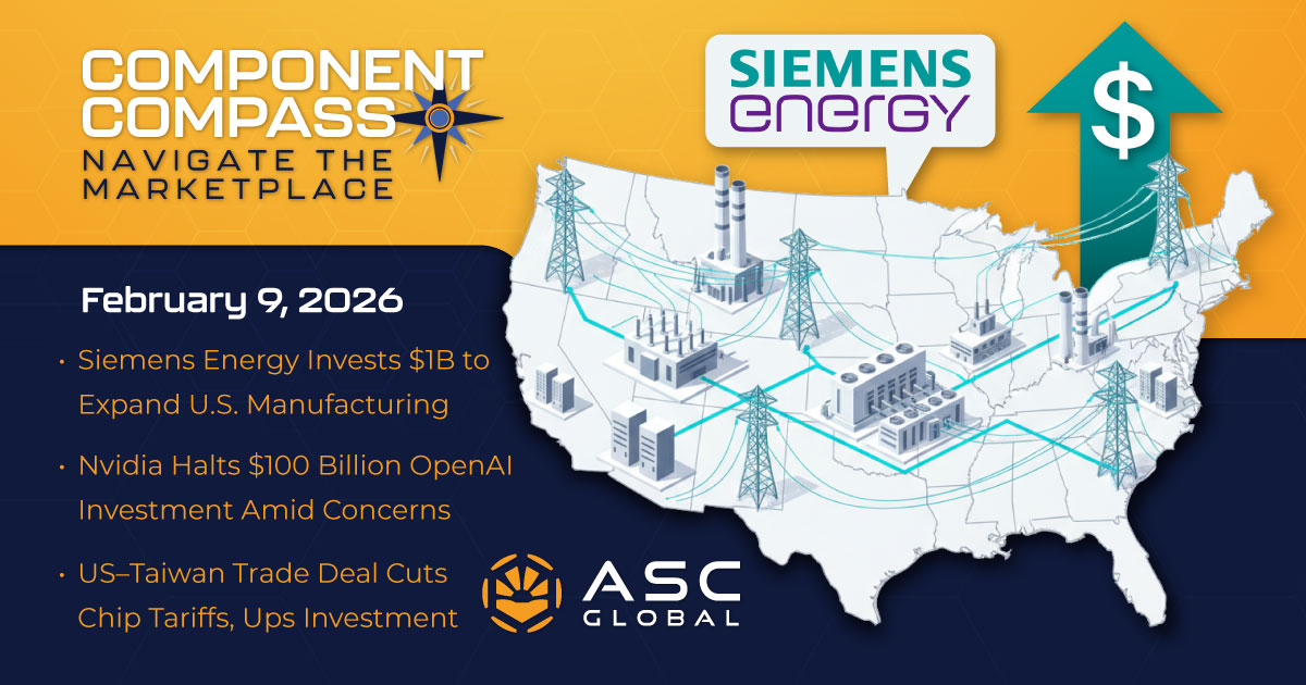 Banner for ASC Global’s Component Compass highlighting major semiconductor and supply chain news, including Siemens Energy’s $1B U.S. manufacturing expansion, Nvidia halting a $100B OpenAI investment, US–Taiwan chip tariff cuts, NXP’s automotive chip recovery, Tesla’s TeraFab plans, and record tungsten prices driven by China export controls.
