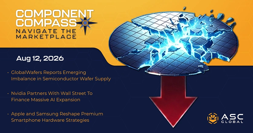 ASC Global Component Compass banner covering the latest semiconductor and electronic market news, including wafer supply scarcity, NVIDIA’s AI expansion, Apple and Samsung strategies, Intel’s foundry investment, SK hynix and Kioxia ownership, TSMC and Sony image sensor expansion, and more industry developments.