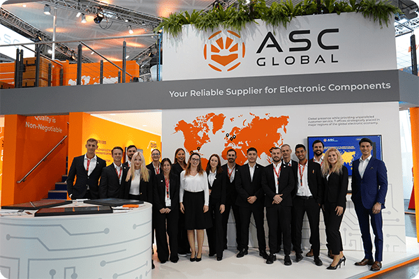 Image of ASC Global's two-floor booth at Electronica 2024, featuring the ASC Global team promoting services such as Global Shortage Sourcing, Vendor Managed Inventory, Franchised Distribution, Manufacturing, Rebate Programs, and Excess Inventory Management.