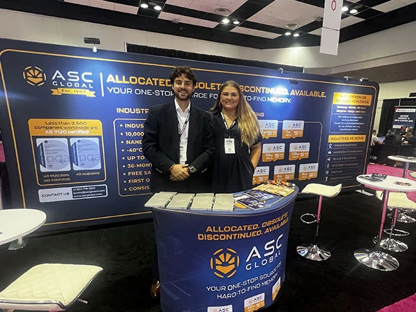 ASC Global team members smile for the camera at the company's booth during FMS 2026 in Santa Clara, highlighting the collaborative spirit behind the company's industrial memory solutions, hard-to-find memory sourcing expertise, and customer-focused approach.