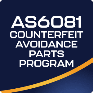 Button labeled 'AS 6081:2012 Certification' linking to ASC Global's compliance with guidelines for preventing counterfeit goods throughout the aerospace industry's supply chain