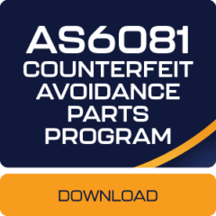 Button labeled 'AS 6081:2012 Certification' linking to ASC Global's compliance with guidelines for preventing counterfeit goods throughout the aerospace industry's supply chain