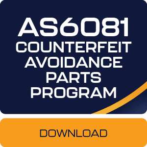 Button labeled 'AS 6081:2012 Certification' linking to ASC Global's compliance with guidelines for preventing counterfeit goods throughout the aerospace industry's supply chain