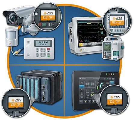 Security camera, medical device, industrial PC, PLC, and HMI displayed around a glowing blue circular graphic, illustrating the industrial applications supported by ASC Global Industrial MicroSD solutions for reliable, high-endurance data storage in surveillance, healthcare, automation, and embedded systems.