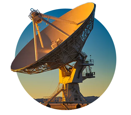 Radar telescope pointed toward the sky, representing ASC Global's services for the communications industry, including sourcing components for satellite, wireless, and telecommunication systems.