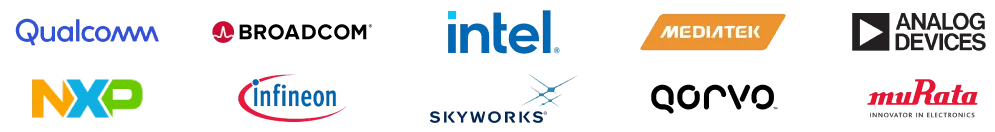 Image of logos of top Communication components manufacturers featured by ASC Global: Qualcomm, Broadcom, Intel, MediaTek, Analog Devices, NXP Semiconductors, Infineon Technologies, Skyworks Solutions, Qorvo and Murata