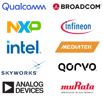 Vertical image of logos of top Communication components manufacturers featured by ASC Global: Qualcomm, Broadcom, Intel, MediaTek, Analog Devices, NXP Semiconductors, Infineon Technologies, Skyworks Solutions, Qorvo and Murata