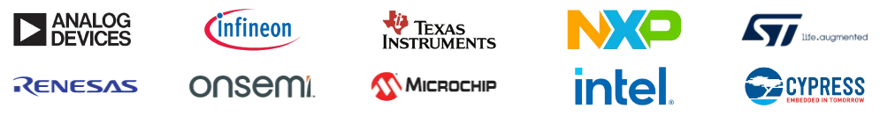 Image of logos of top Consumer Electronics components manufacturers featured by ASC Global: Analog Devices Inc, Infineon, Texas Instruments, NXP, STMicroelectronics, Renesas, Onsemi, Microchip, Maxim Integrated, Micron, Intel and Cypress Semiconductor