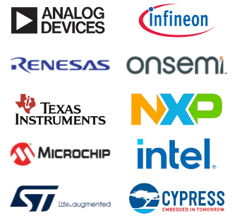 Vertical image of logos of top Consumer Electronics components manufacturers featured by ASC Global: Analog Devices Inc, Infineon, Texas Instruments, NXP, STMicroelectronics, Renesas, Onsemi, Microchip, Maxim Integrated, Micron, Intel and Cypress Semiconductor