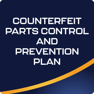 Button labeled 'Counterfeit Parts Control and Prevention Plan' linking to ASC Global's strategy for detecting, preventing, and mitigating counterfeit components in the supply chain