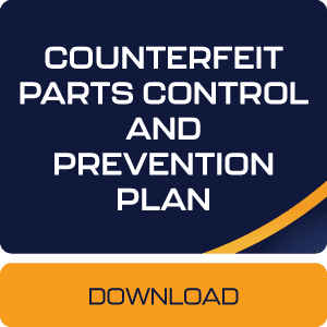 Button labeled 'Counterfeit Parts Control and Prevention Plan' linking to ASC Global's strategy for detecting, preventing, and mitigating counterfeit components in the supply chain