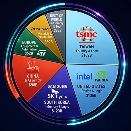 A pie chart illustrating the estimated distribution of the global semiconductor industry's market value in 2026. Individual segments represent major manufacturers and chip companies, including Intel, NVIDIA, TSMC, Samsung, SK hynix, Renesas, Micron, and other semiconductor suppliers, highlighting the concentration of market value among leading AI, memory, and foundry companies.