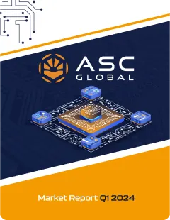 Promotional graphic for ASC Global's Q1 2024 Electronic Component Market Report covering semiconductor market dynamics, component supply and demand conditions, inventory trends, pricing fluctuations, lead-time updates, and strategic procurement insights across global electronics supply chains.