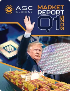 Promotional graphic for ASC Global's Q1 2025 Electronic Component Market Report covering semiconductor market conditions, component sourcing challenges, inventory trends, lead-time changes, pricing dynamics, and strategic procurement insights across global electronics supply chains.