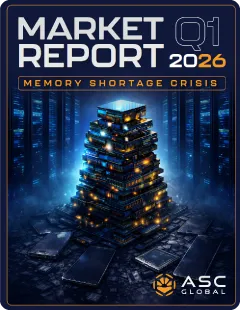 Promotional graphic for ASC Global's Q1 2026 Electronic Component Market Report covering semiconductor industry outlook, component shortages and surpluses, inventory management, lead times, pricing trends, supply chain risks, and strategic sourcing opportunities across global electronics markets.