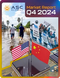 Promotional graphic for ASC Global's Q4 2024 Electronic Component Market Report covering semiconductor industry outlook, component supply and demand dynamics, inventory management trends, lead-time forecasts, pricing movements, and global sourcing strategies across the electronics market.