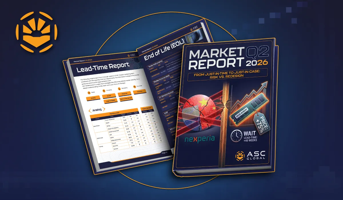 Banner for ASC Global’s Q1 2026 Electronics Market Report highlighting memory and logic supply shifts: SK Hynix prioritizing HBM for AI, Samsung reallocating wafer capacity to premium HBM and DDR5, Micron selling out AI-optimized memory, and Intel advancing Meteor Lake and Nova Lake while managing legacy CPU node constraints.
