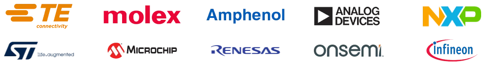 Image of logos of top Medical components manufacturers featured by ASC Global: TE Connectivity, Molex, Amphenol, Analog Devices, NXP, STMicroelectronics, Microchip Technology, Renesas, Onsemi and Infineon