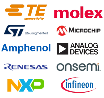 Vertical image of logos of top Medical components manufacturers featured by ASC Global: TE Connectivity, Molex, Amphenol, Analog Devices, NXP, STMicroelectronics, Microchip Technology, Renesas, Onsemi and Infineon