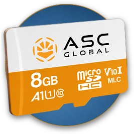 ASC Global Industrial 8GB MicroSD card displayed in front of a glowing blue circular graphic, emphasizing high-capacity industrial flash memory for embedded systems, industrial automation, surveillance, edge AI, and IoT applications.