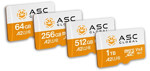 ASC Global Industrial Series MicroSD cards in 64GB, 256GB, 512GB, and 1TB capacities arranged in a staircase formation, illustrating scalable industrial-grade storage options for embedded systems, industrial automation, surveillance, edge AI, and IoT applications.