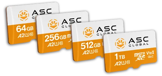ASC Global Industrial Series MicroSD cards in 64GB, 256GB, 512GB, and 1TB capacities arranged in a staircase formation, illustrating scalable industrial-grade storage options for embedded systems, industrial automation, surveillance, edge AI, and IoT applications.