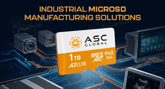 ASC Global industrial microSD card standing upright on a metal surface inside an industrial factory environment, representing durable high-endurance storage solutions designed for embedded systems, automation, and harsh industrial applications.