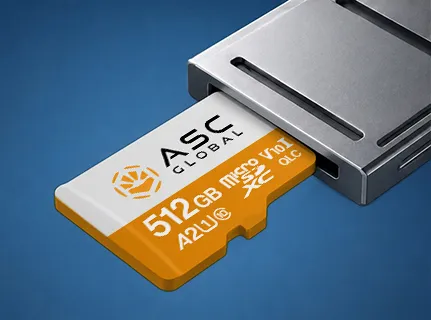 Close-up of an ASC Global Industrial 512GB MicroSD card being inserted into an embedded electronic device, highlighting high-capacity industrial flash storage for applications such as industrial automation, edge computing, surveillance, and IoT systems.
