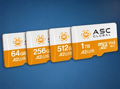 ASC Global Industrial Series MicroSD cards in 64GB, 256GB, 512GB, and 1TB capacities arranged side by side, showcasing a range of industrial-grade flash memory solutions designed for embedded systems, industrial automation, surveillance, edge AI, and IoT applications.
