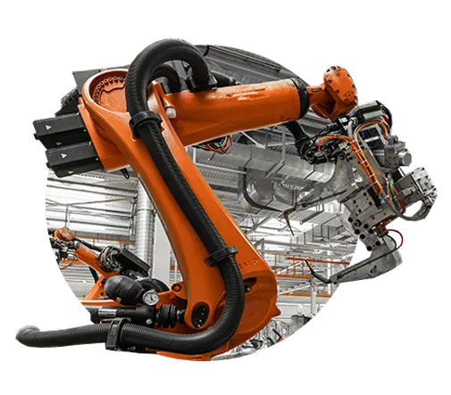 Robotic assembly arm operating on a factory floor, symbolizing ASC Global's services for the Industrial Automation and MRO industries, including component sourcing and maintenance solutions.