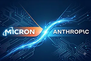 Conceptual technology illustration representing Micron and Anthropic's multi-year partnership to advance AI memory infrastructure, featuring high-performance memory chips, data center connectivity, AI processing networks, and cloud computing elements. The image symbolizes optimized high-bandwidth memory, DRAM, SSD technologies, and long-term AI infrastructure development supporting large-scale artificial intelligence workloads and enterprise AI deployment.