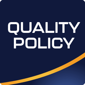 Button labeled 'Quality Policy' linking to ASC Global's commitment to maintaining high standards in quality management and operations