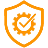 Shield icon with a check mark and gear in the center representing proven reliability, symbolizing durable industrial microSD performance for automation systems, continuous data logging, and mission-critical infrastructure applications.