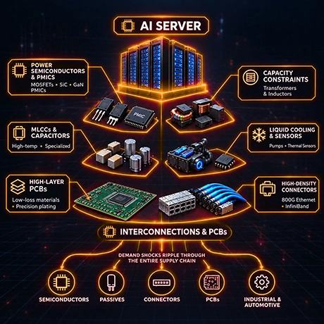 Infographic titled "Beyond the GPU: The Interdependent Component Pyramid of AI Infrastructure," illustrating how AI server scaling creates supply chain shockwaves across power delivery (MOSFETs, PMICs), thermal management and passives (MLCCs, cooling pumps), interconnections and PCBs (ultra-low-loss substrates, high-speed connectors), and highlights the shift toward proactive multi-sourcing.