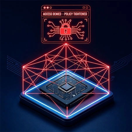 A semiconductor chip is held behind a barrier of intersecting red laser beams, symbolizing increasing supply chain restrictions and tighter allocation policies across the semiconductor industry. The image represents limited component availability, reduced pricing flexibility, constrained pull-in opportunities, and manufacturers prioritizing supply for AI infrastructure, automotive OEMs, hyperscale cloud providers, and strategic Tier-1 customers.